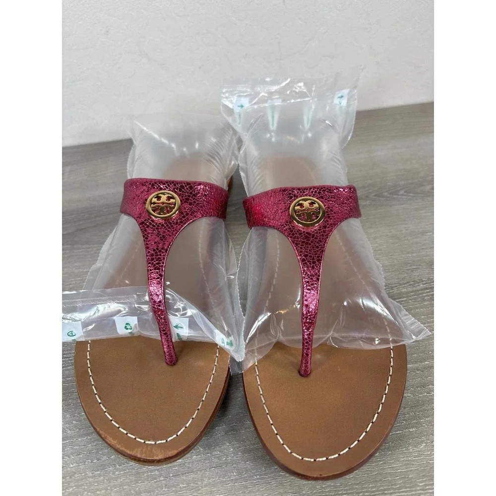 Tory Burch Cameron Metallic Pink Crackle Leather Thong Logo Sandals Womens 9.5M